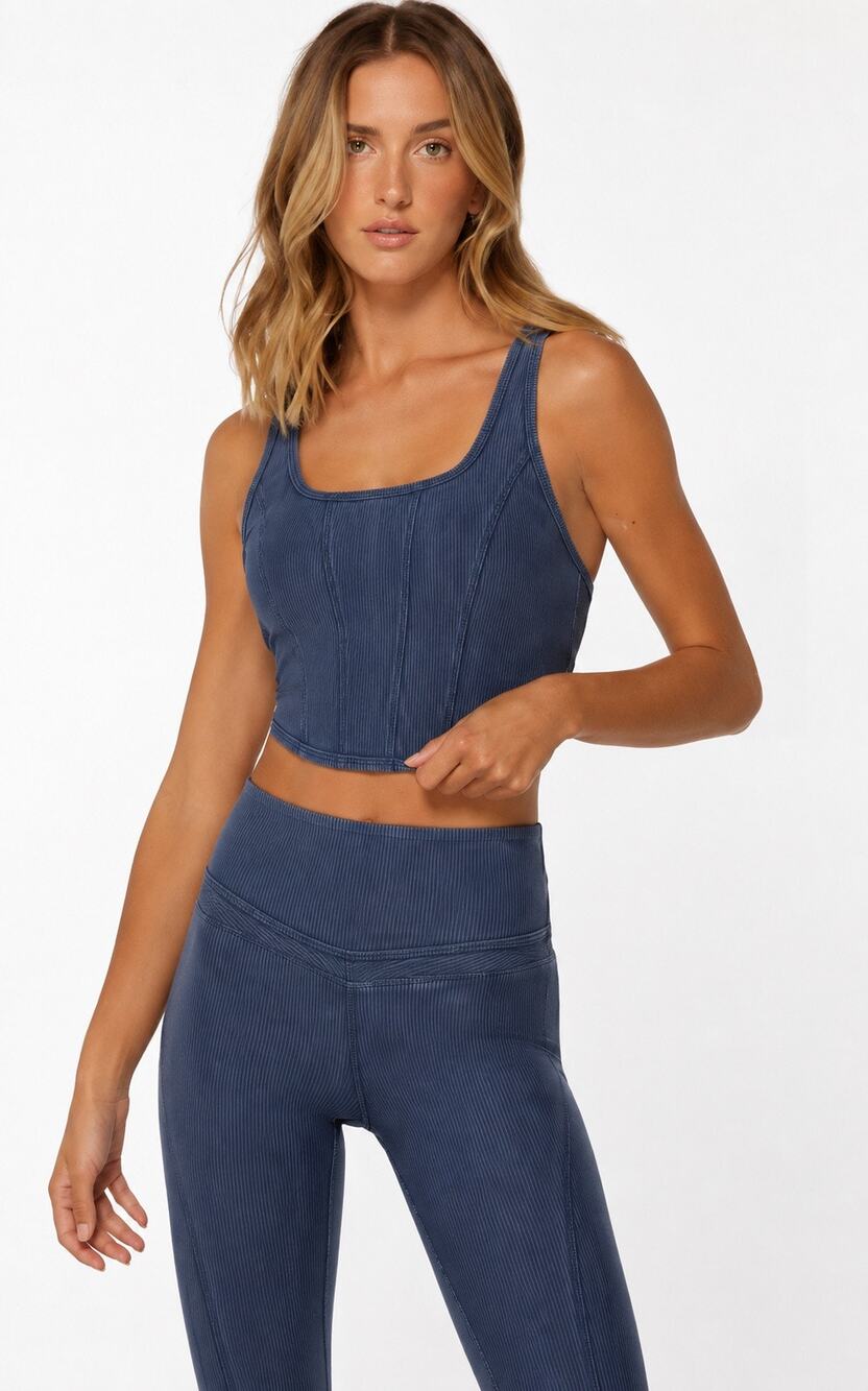 LORNA JANE Stride Washed Rib Tank Bra Combo Blue Crop Small EUC